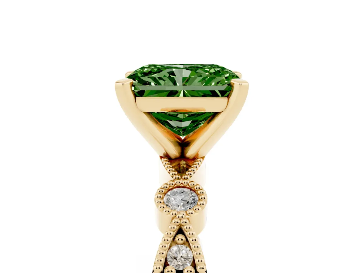 Fancy Green Radiant Cut Milgrain Bezel Diamond Engagement Ring with Solitaire Prong Setting Yellow gold