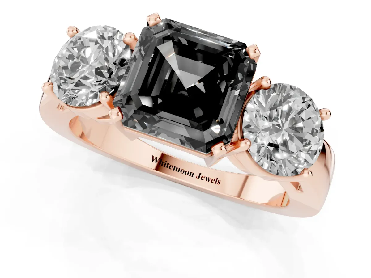 Fancy Black Three-Stone Asscher Cut Diamond Ring with Round Side Stones, Classic Band, and Four-Prong Setting Rose gold
