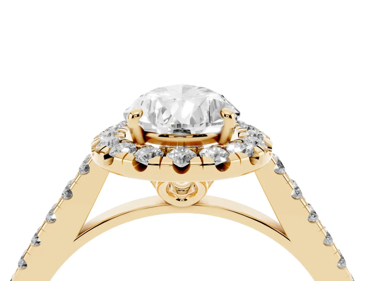 Pear Cut Halo Pavé Diamond Engagement Ring with Four-Prong Setting Yellow gold