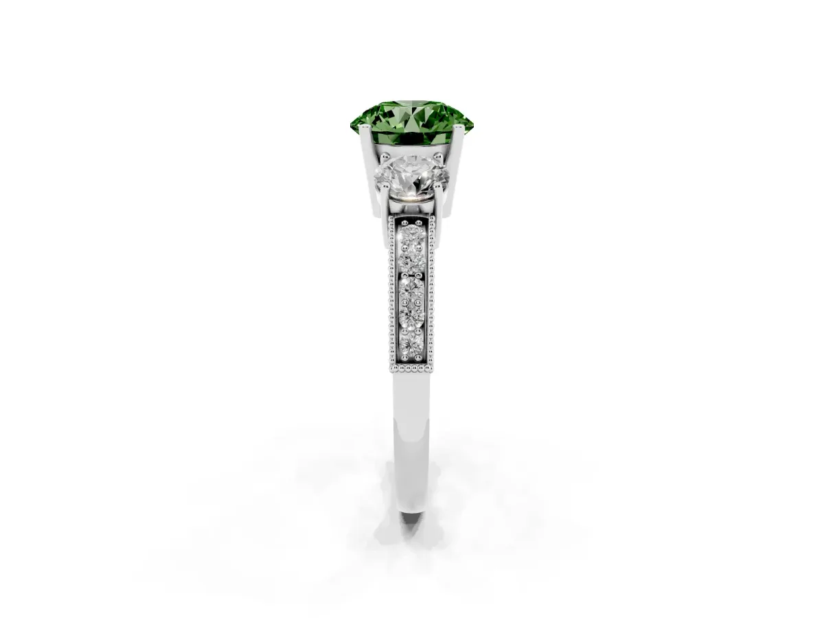 Fancy Green Round Cut Three-Stone Diamond Ring with Pavé Band and Four-Prong Setting Silver