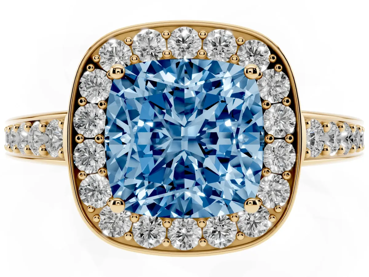 Fancy Blue Cushion Cut Halo Pavé Diamond Engagement Ring with Bezel Setting Yellow gold