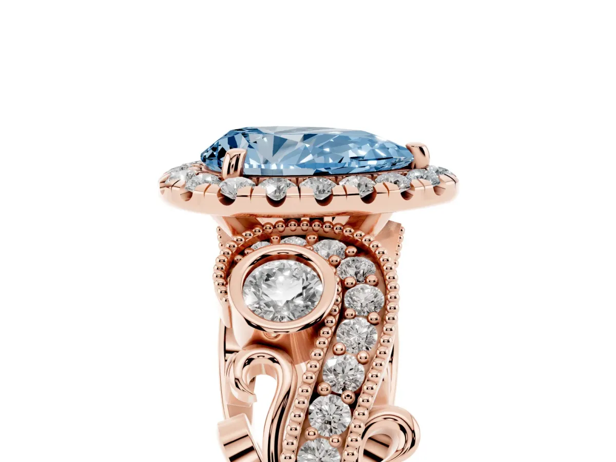 Fancy Blue Pear Cut Diamond Halo Ring with Milgrain Pavé Band and Four-Prong Setting Rose gold