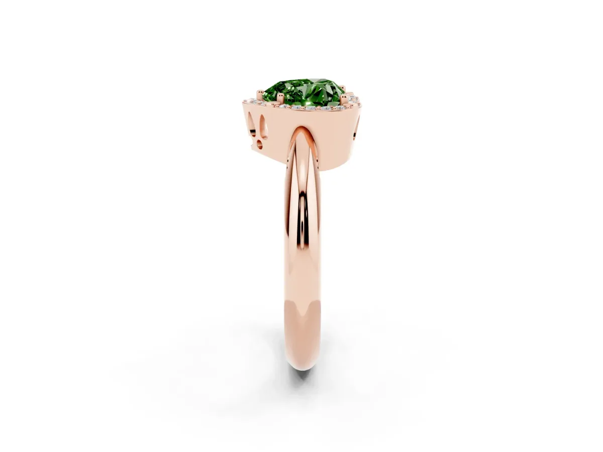 Fancy Green Heart Cut Cut Diamond Halo Engagement Ring with Split Shank and Four-Prong Setting Rose gold