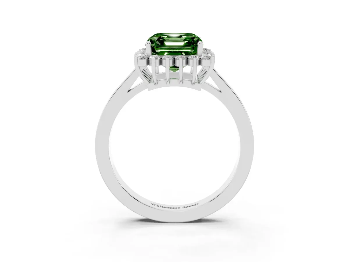 Fancy Green Asscher Cut Cut Diamond Halo Ring with Round Brilliant Halo and Solitaire Band Silver