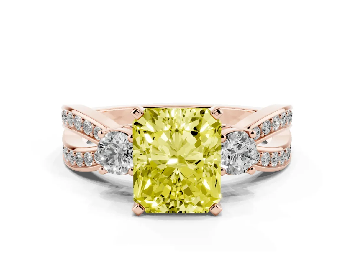 Fancy Yellow Three-Stone Radiant Cut Cut Diamond Twist Band with Prong Setting Rose gold