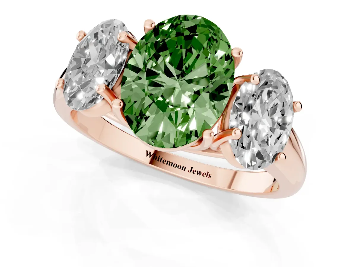 Fancy Green Three-Stone Oval Cut Diamond Engagement Ring with Prong Setting Rose gold