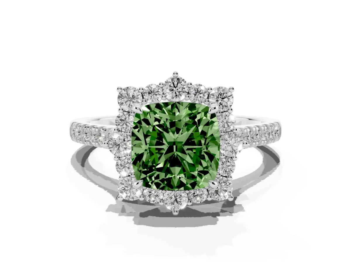 Fancy Green Cushion Cut Halo Diamond Ring with Pavé Band and Prong Setting Silver