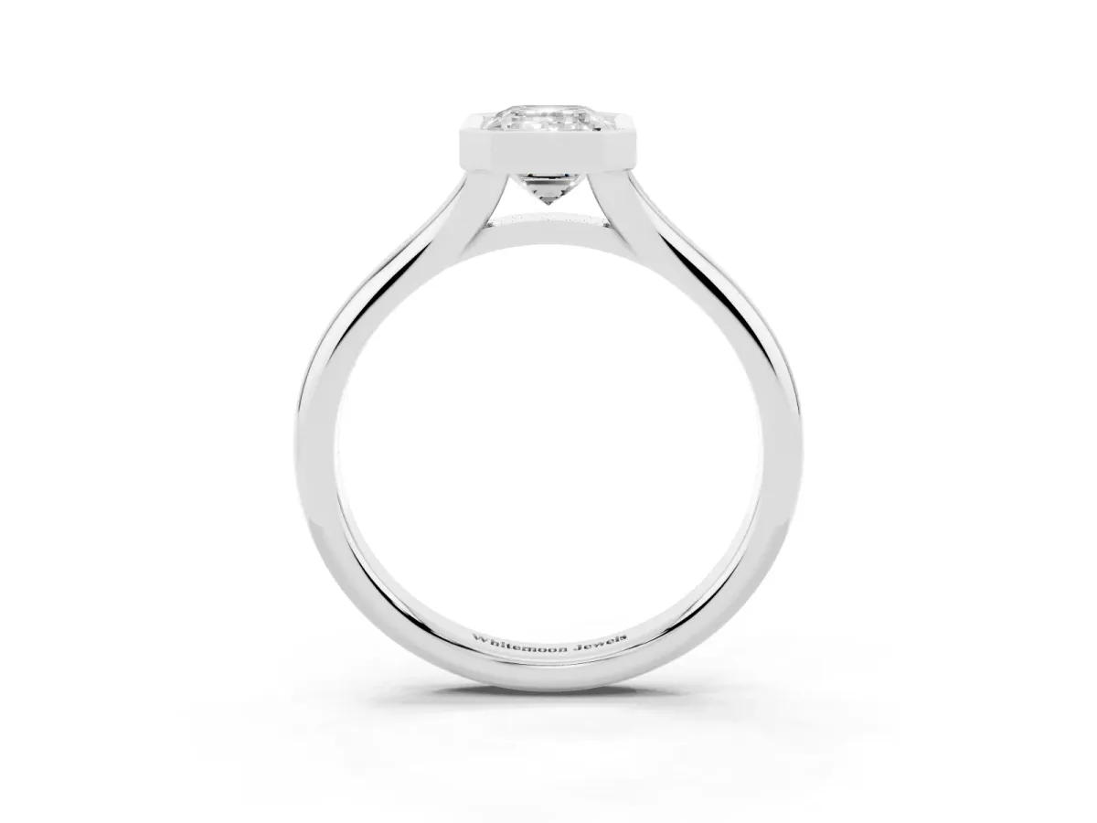Bezel Set Emerald Cut Solitaire Diamond Ring with Smooth Band Silver
