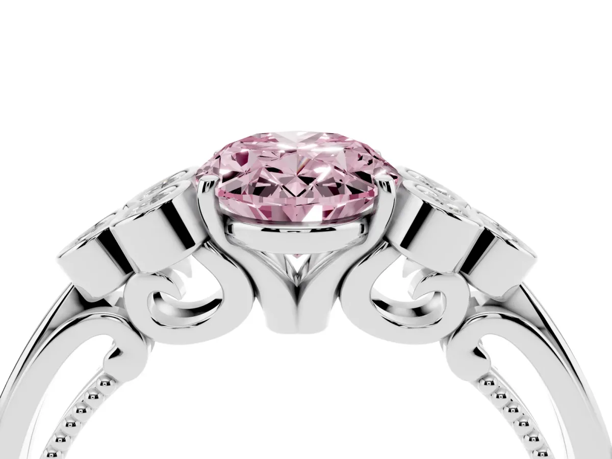 Fancy Pink Oval Cut Cut Diamond Engagement Ring with Bezel Set Round Side Stones and Prong Setting White gold
