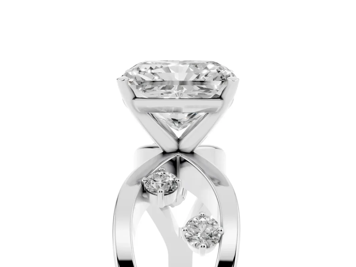 Radiant Cut Cut Solitaire Diamond with Side Stones on Criss-Cross Band and Four-Prong Setting Platinum