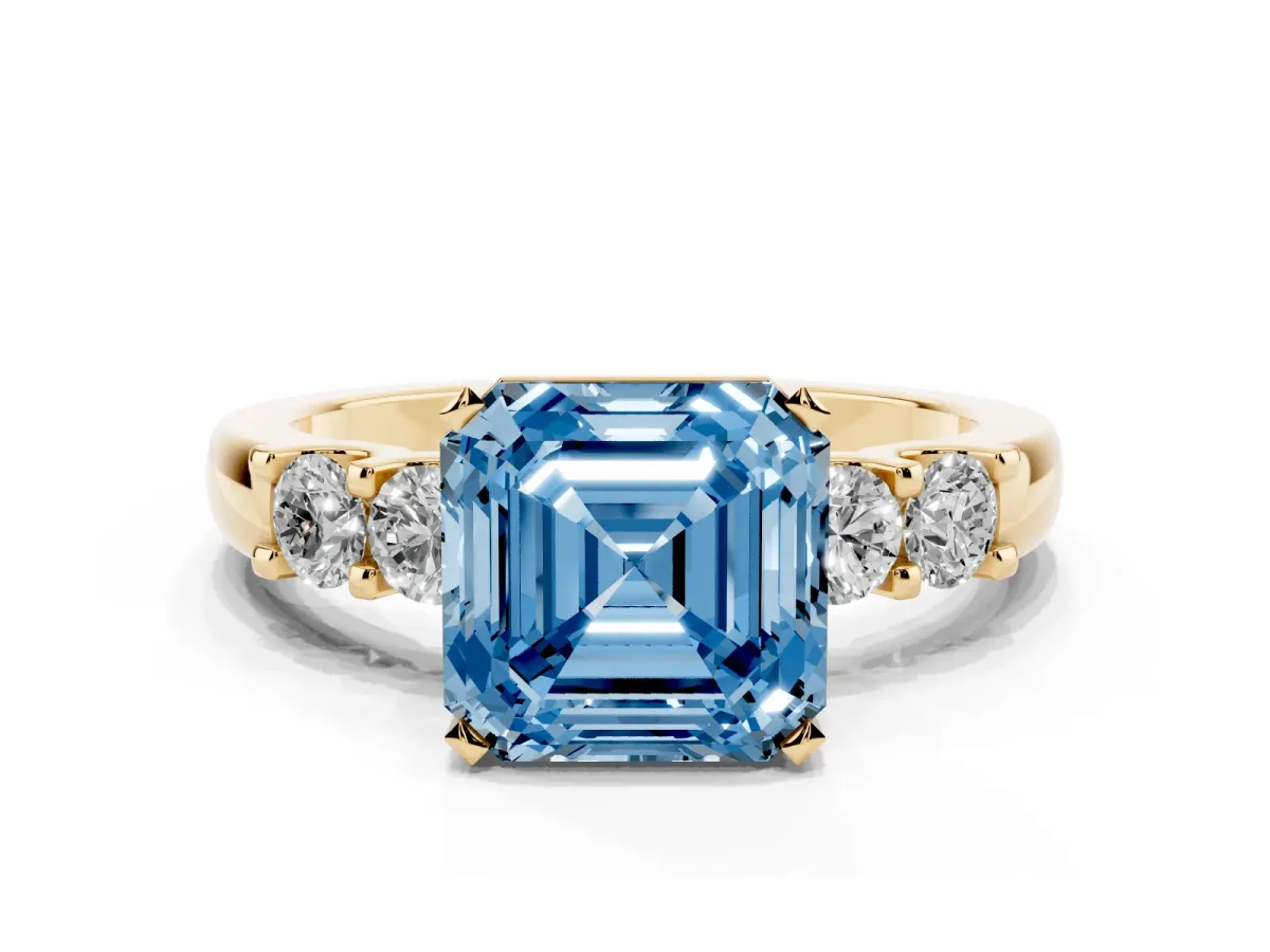 Fancy Blue Asscher Cut Brilliant Cut Diamond Five-Stone Prong Set Engagement Ring with Channel Band Yellow gold