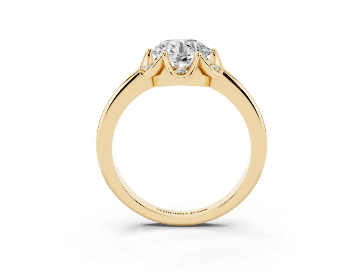Round Cut Halo Diamond Ring with Round Cluster Setting, Solitaire Band, and Four-Prong Setting Yellow gold