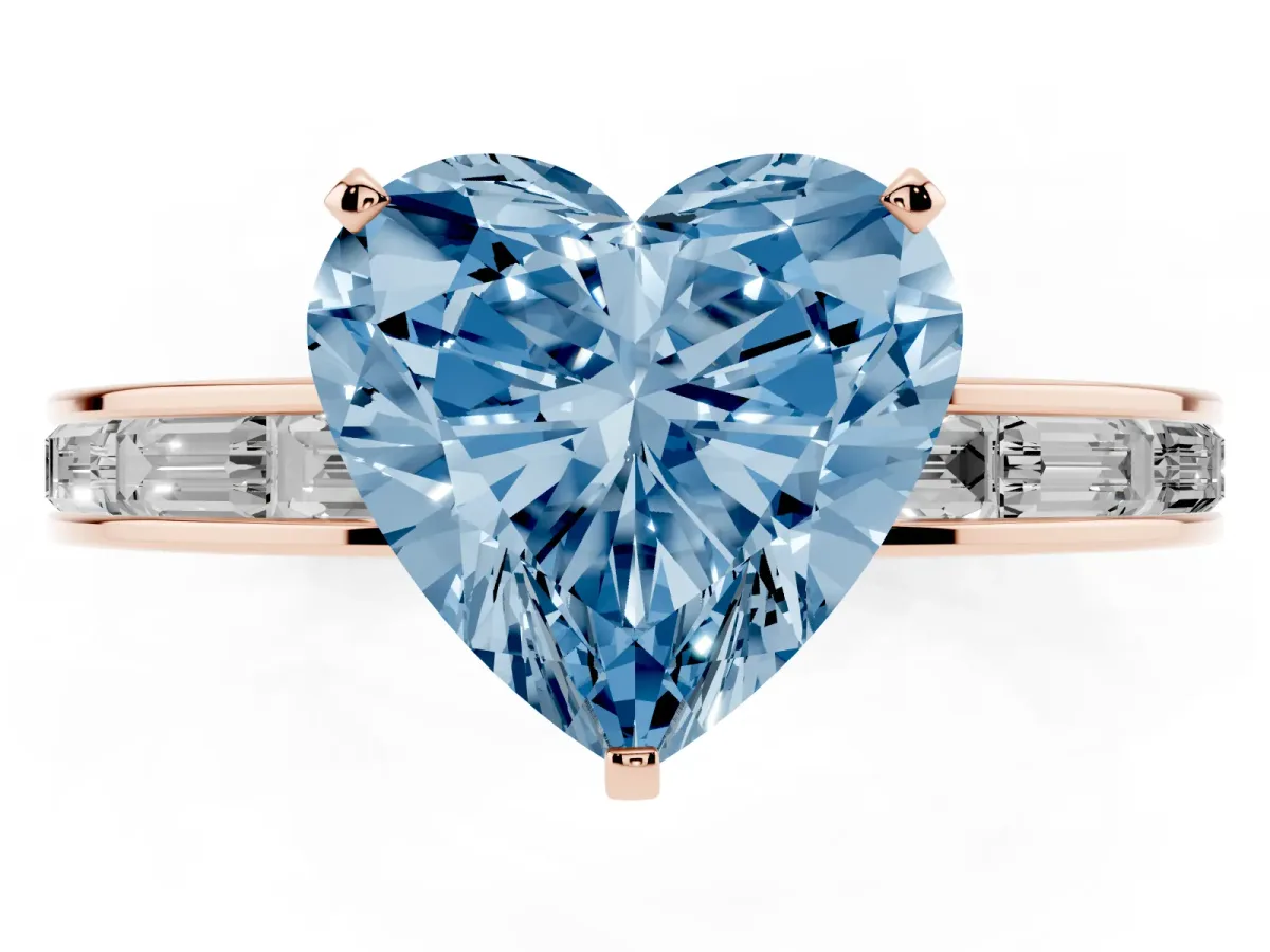 Fancy Blue Heart Cut Solitaire Diamond Ring with Channel-Set Baguette Band and Four-Prong Setting Rose gold