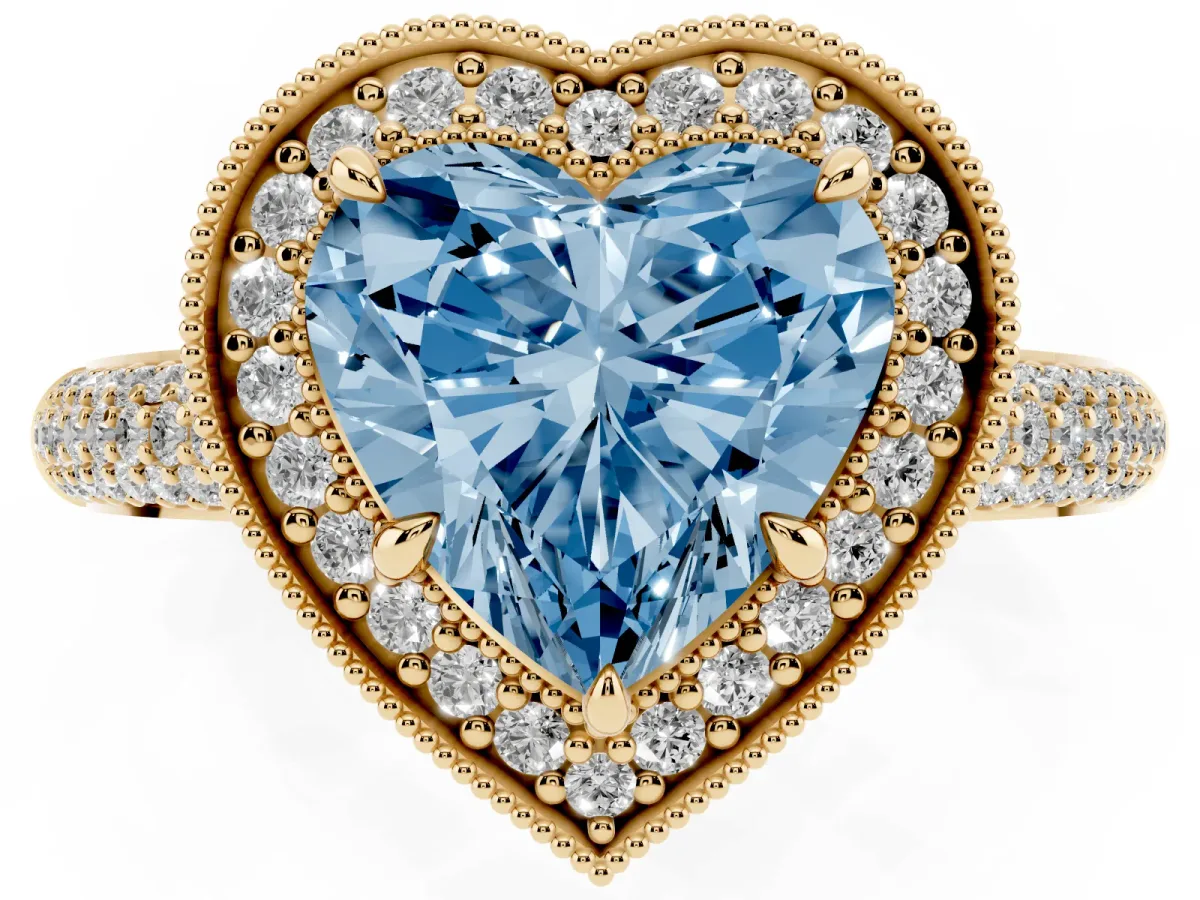 Fancy Blue Heart Cut Cut Halo Diamond Pave Band with Four-Prong Setting Yellow gold