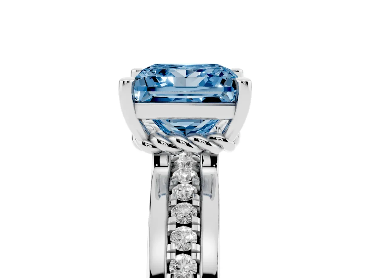 Fancy Blue Princess Cut Solitaire Diamond Ring with Channel Set Band and Six-Prong Setting Silver