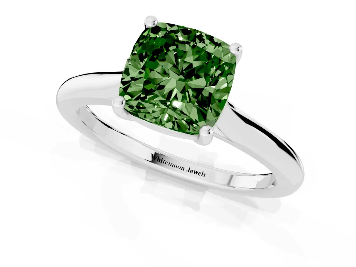 Fancy Green Cushion Cut Cut Solitaire Ring with Cathedral Band and Four-Prong Setting Silver