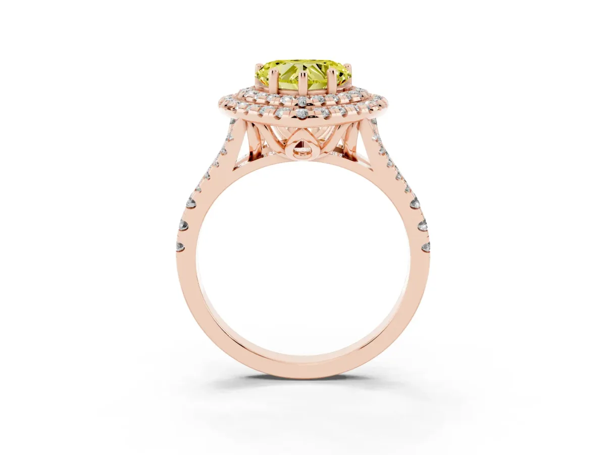 Fancy Yellow Double Halo Heart Cut Diamond Pavé Split Shank Ring with Prong Setting Rose gold
