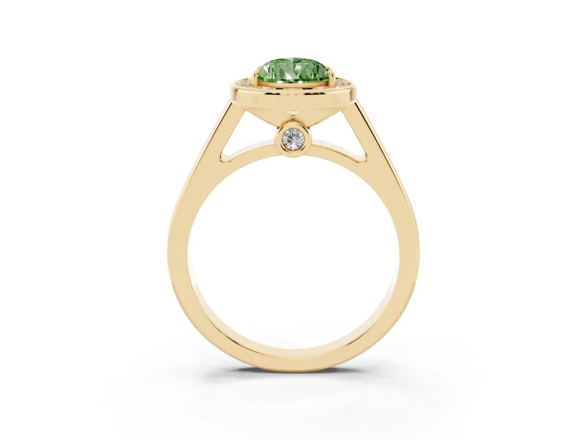 Fancy Green Pear Cut Halo Solitaire Diamond Ring with Pave Band and Bezel Setting Yellow gold