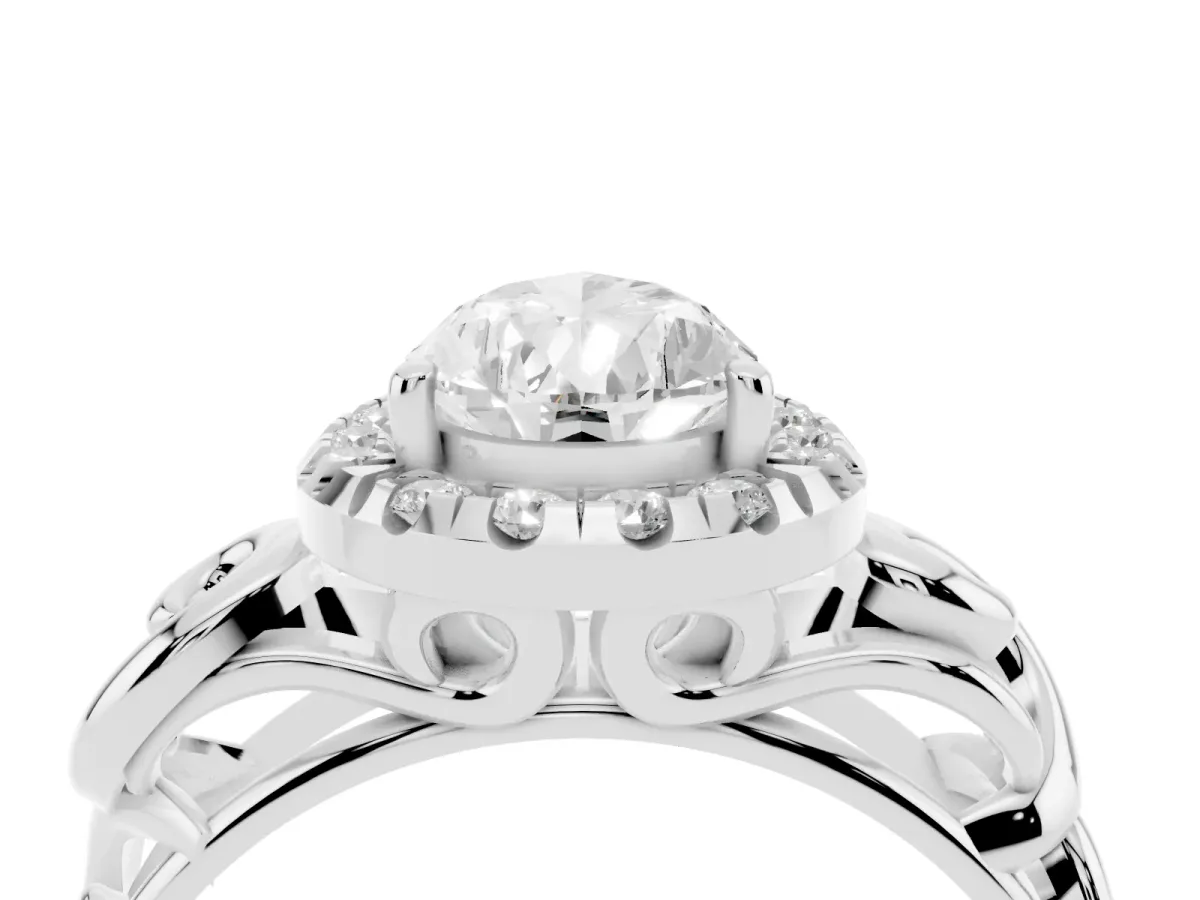 Pear Cut Cut Halo Diamond Ring with Scrollwork Band and Four-Prong Setting Silver