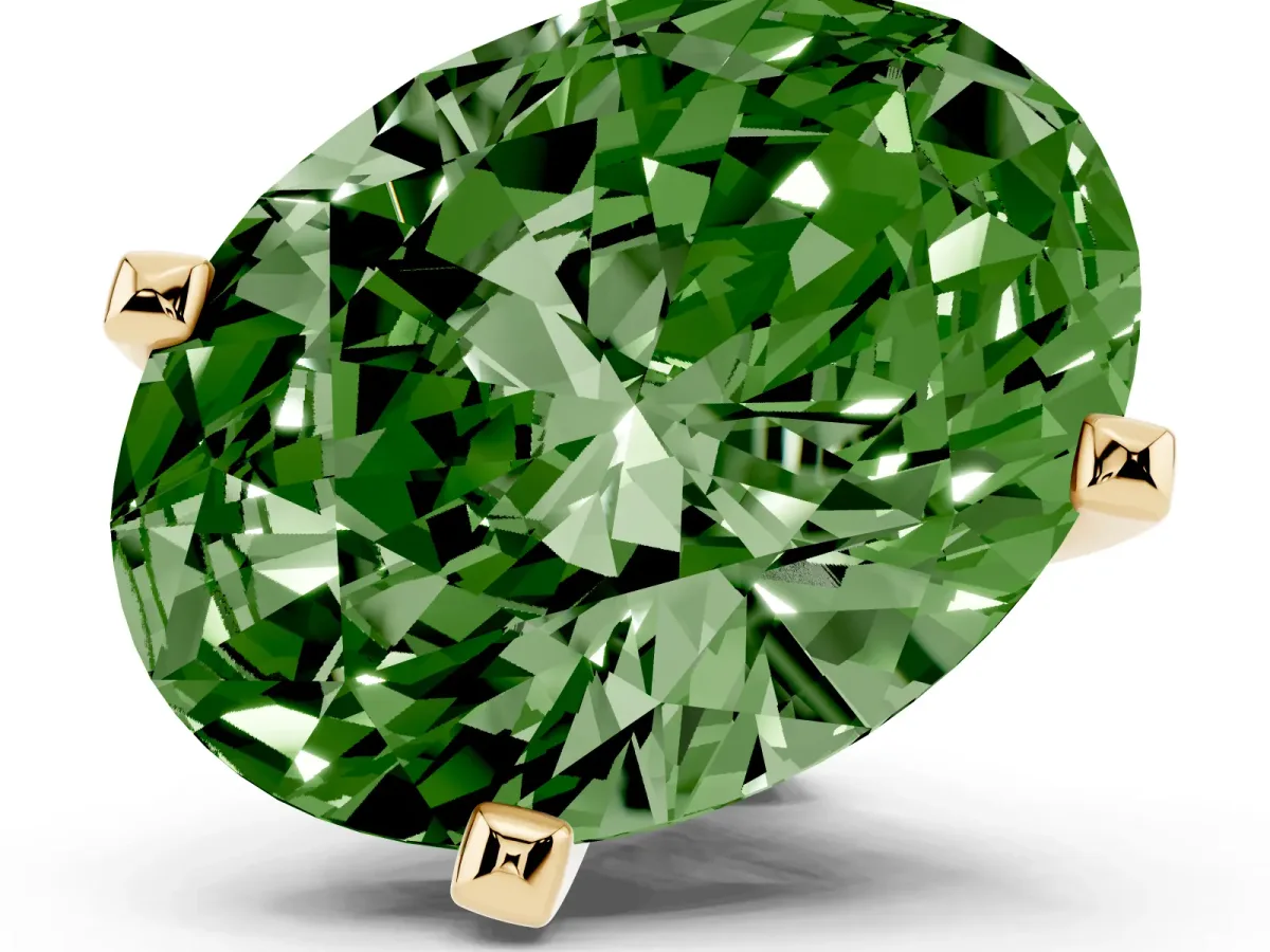 Fancy Green Oval Cut Diamond Solitaire Ring with Prong Setting and Classic Band Yellow gold