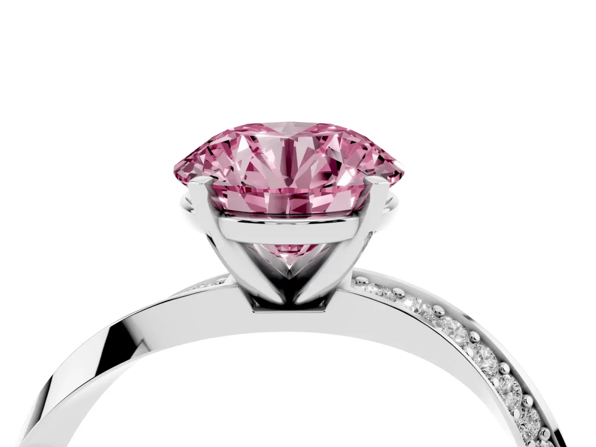 Fancy Pink Round Cut Diamond Engagement Ring with Side Stone Accents and Four-Prong Setting Silver