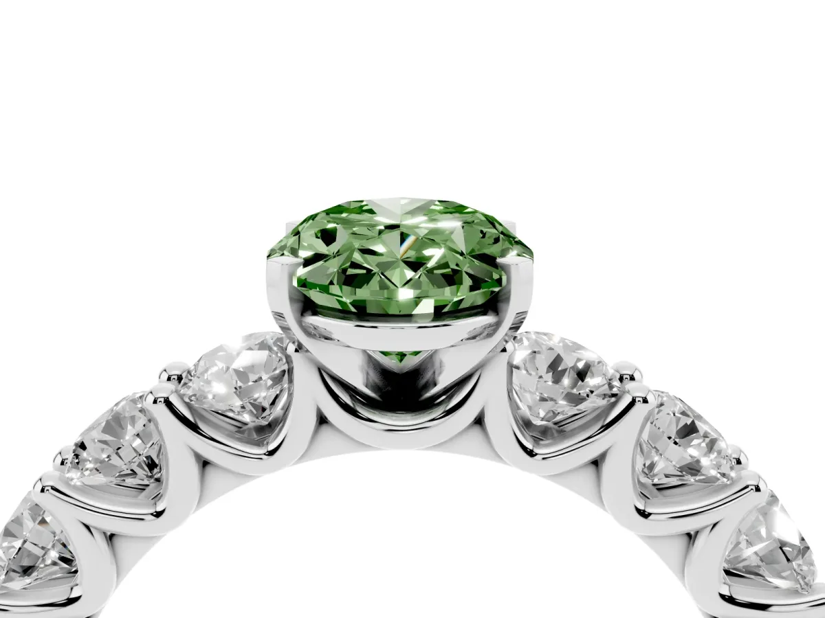 Fancy Green Oval Cut Diamond Prong Setting with Side Stones on a Pave Band Silver