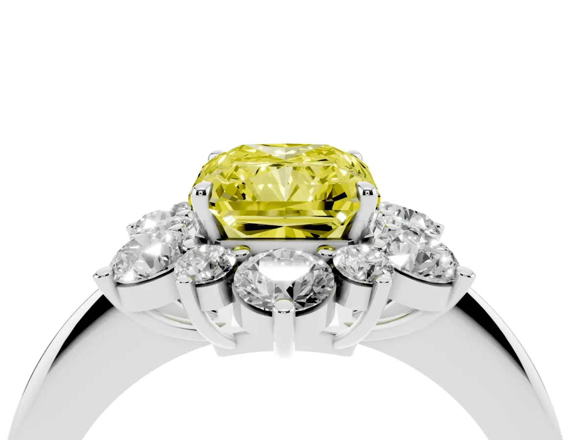 Fancy Yellow Radiant Cut Diamond Cluster Halo Ring with Solitaire Band and Four-Prong Setting Silver
