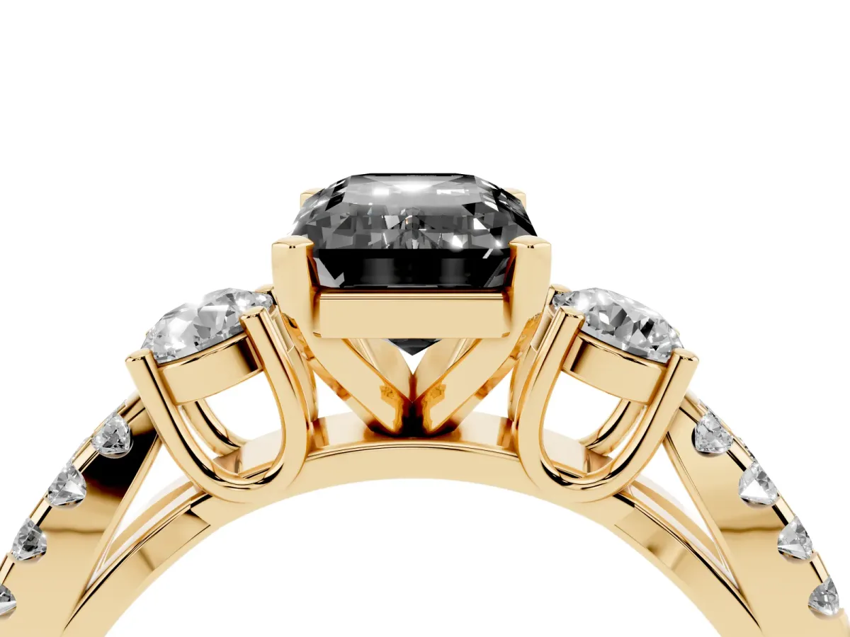 Fancy Black Emerald Cut Diamond Three-Stone Ring with Pavé Split Shank and Four-Prong Setting Yellow gold