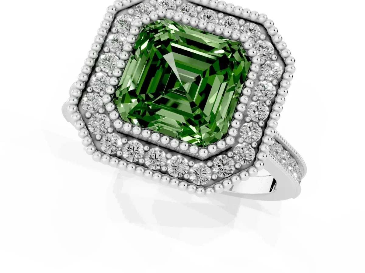 Fancy Green Asscher Cut Diamond Halo Ring with Milgrain Frame and Pavé Band White gold