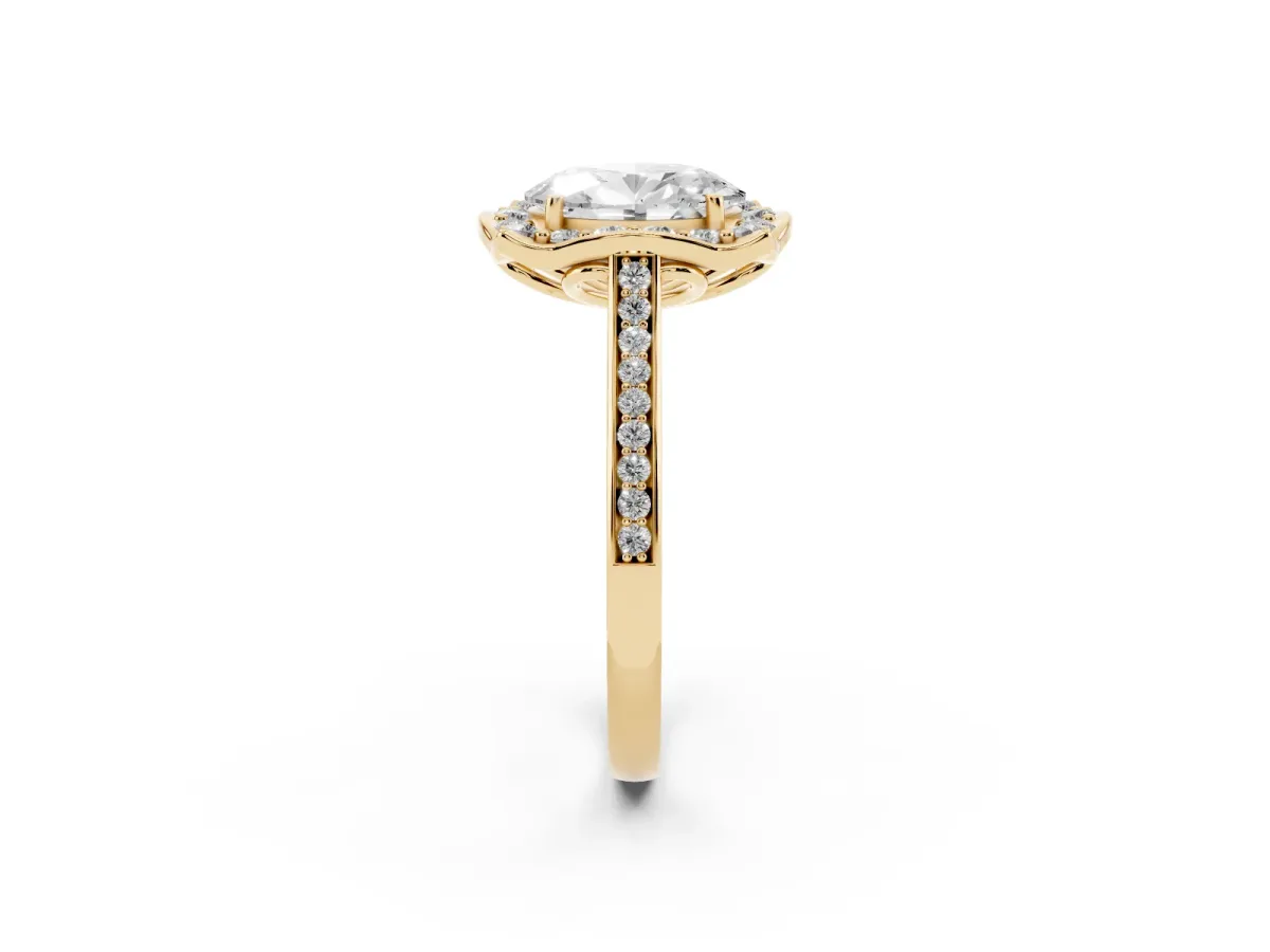Oval Cut Halo Round Diamond Pave Band with Four-Prong Setting Yellow gold