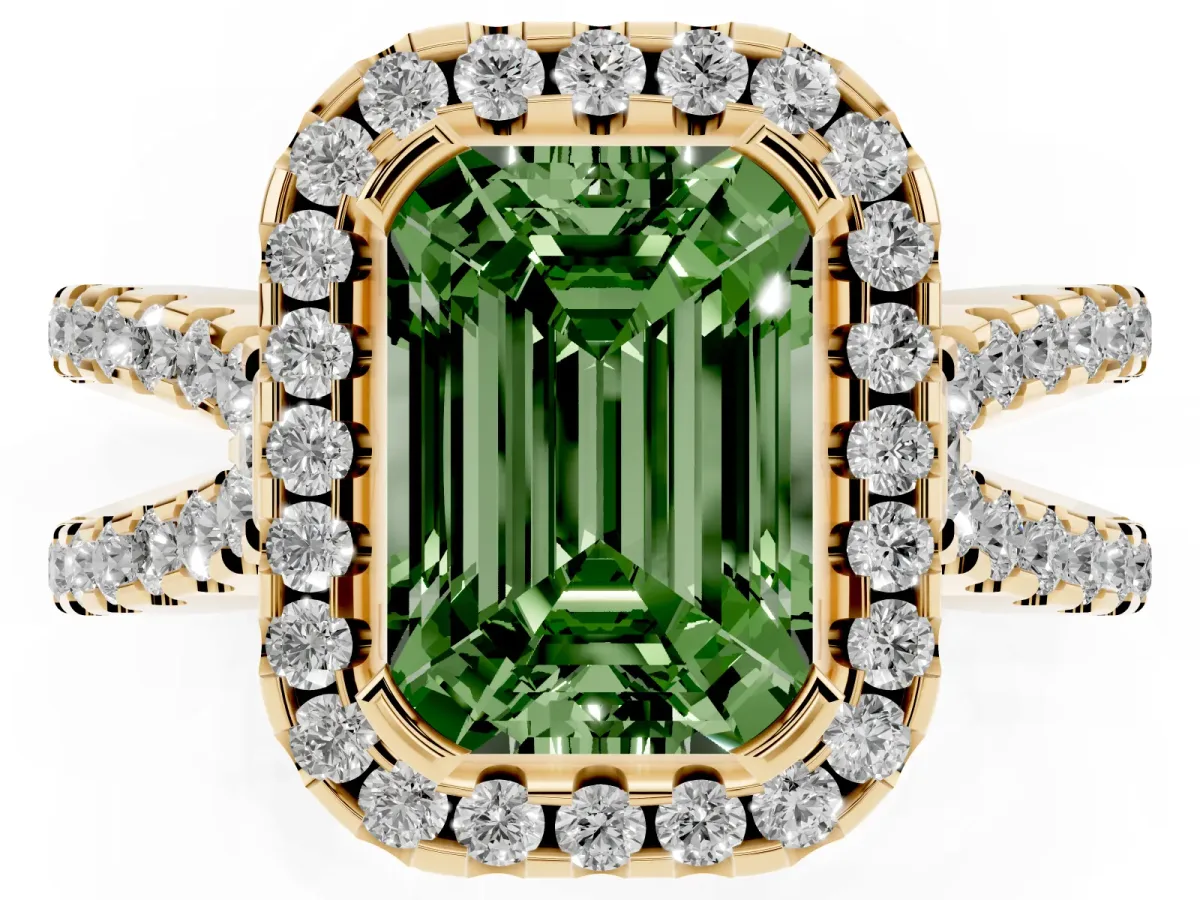 Fancy Green Emerald Cut Diamond Halo Ring with Split Shank Pavé Band and Prong Setting Yellow gold