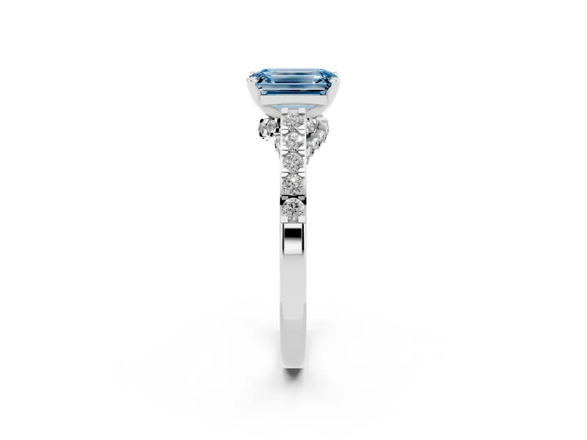Fancy Blue Emerald Cut Diamond Solitaire Ring with Crossover Gallery and Round Pavé Band Platinum