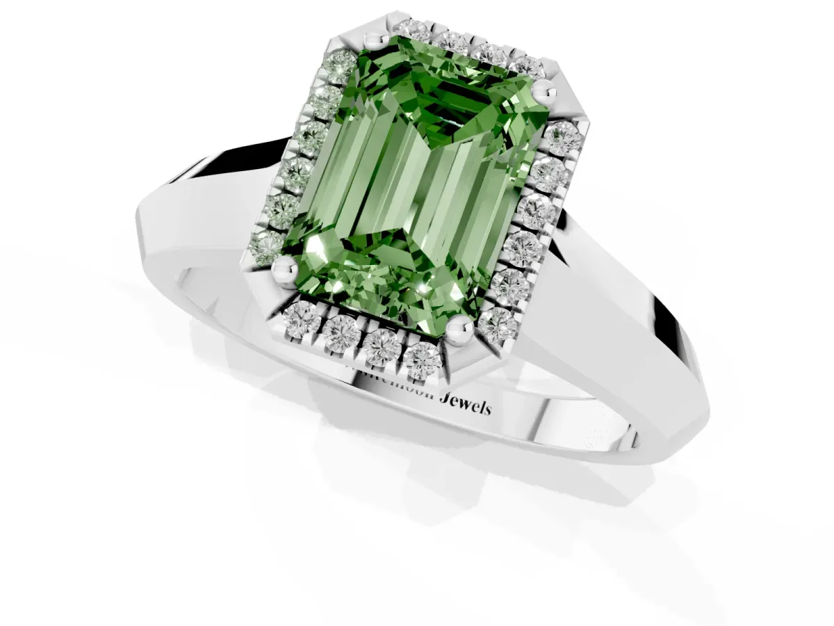 Fancy Green Emerald Cut Halo Diamond Ring with Cathedral Band and Four-Prong Setting Platinum