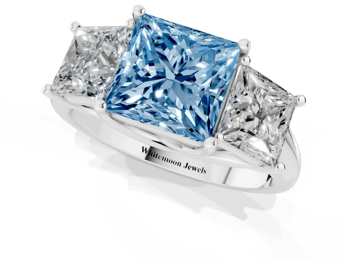 Fancy Blue Three-Stone Princess Cut Diamond Engagement Ring with Prong Setting White gold
