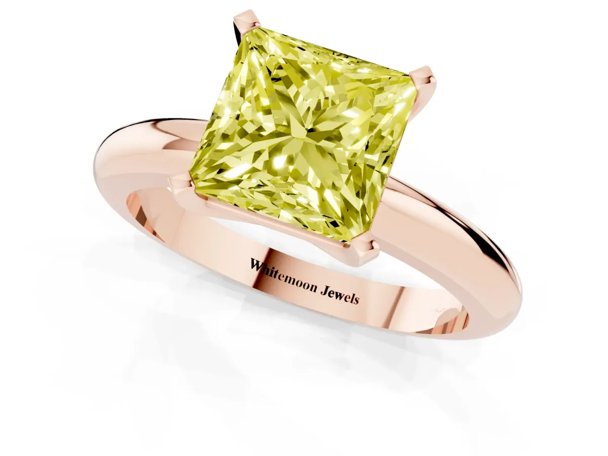 Fancy Yellow Princess Cut Diamond Solitaire Engagement Ring with Round Band and Four-Prong Setting Rose gold