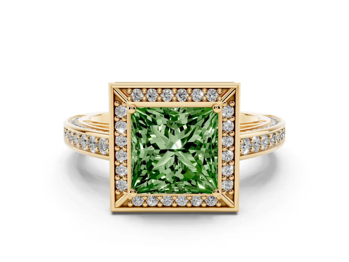 Fancy Green Princess Cut Cut Halo Pave Split Shank Prong Setting Ring Yellow gold