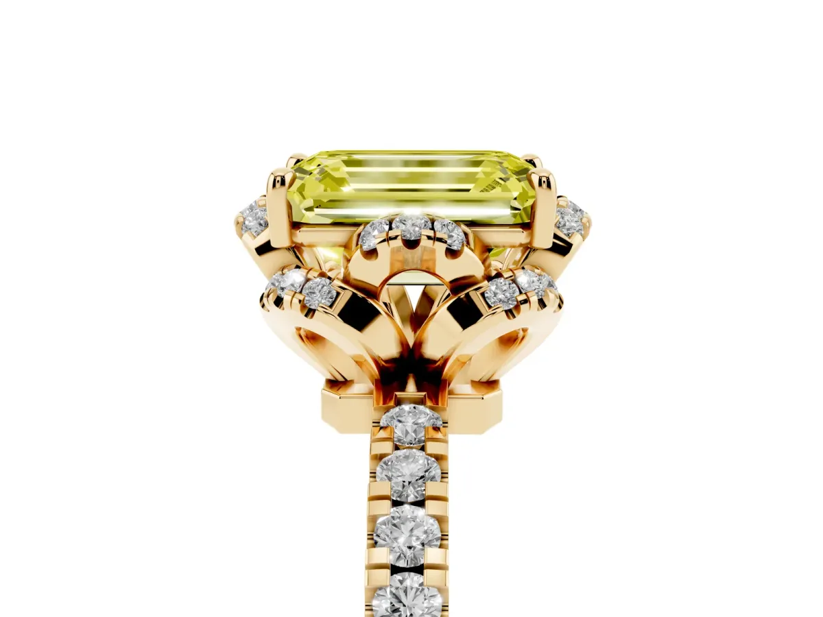 Fancy Yellow Emerald Cut Halo Diamond Pave Band Ring with Four-Prong Setting Yellow gold