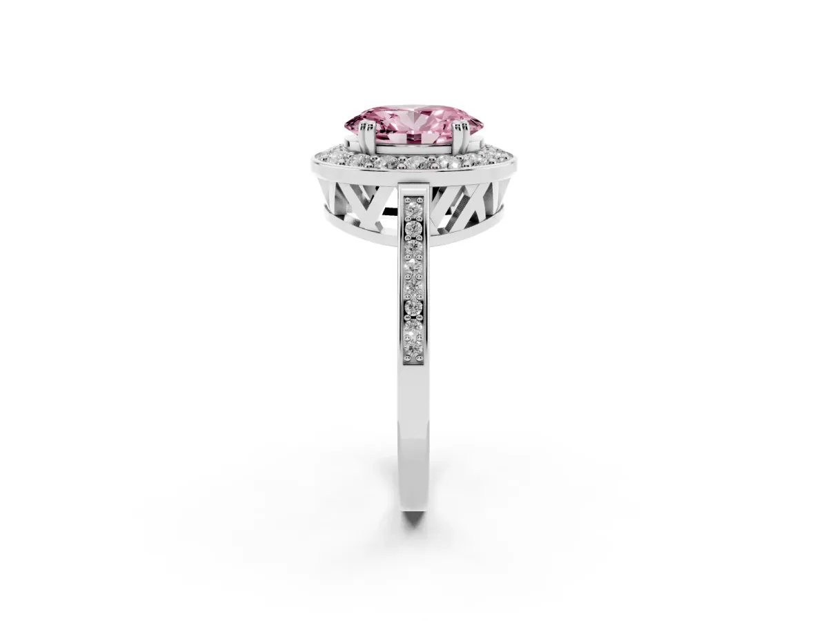 Fancy Pink Oval Cut Diamond Halo Ring with Split Shank and Four-Prong Setting Platinum