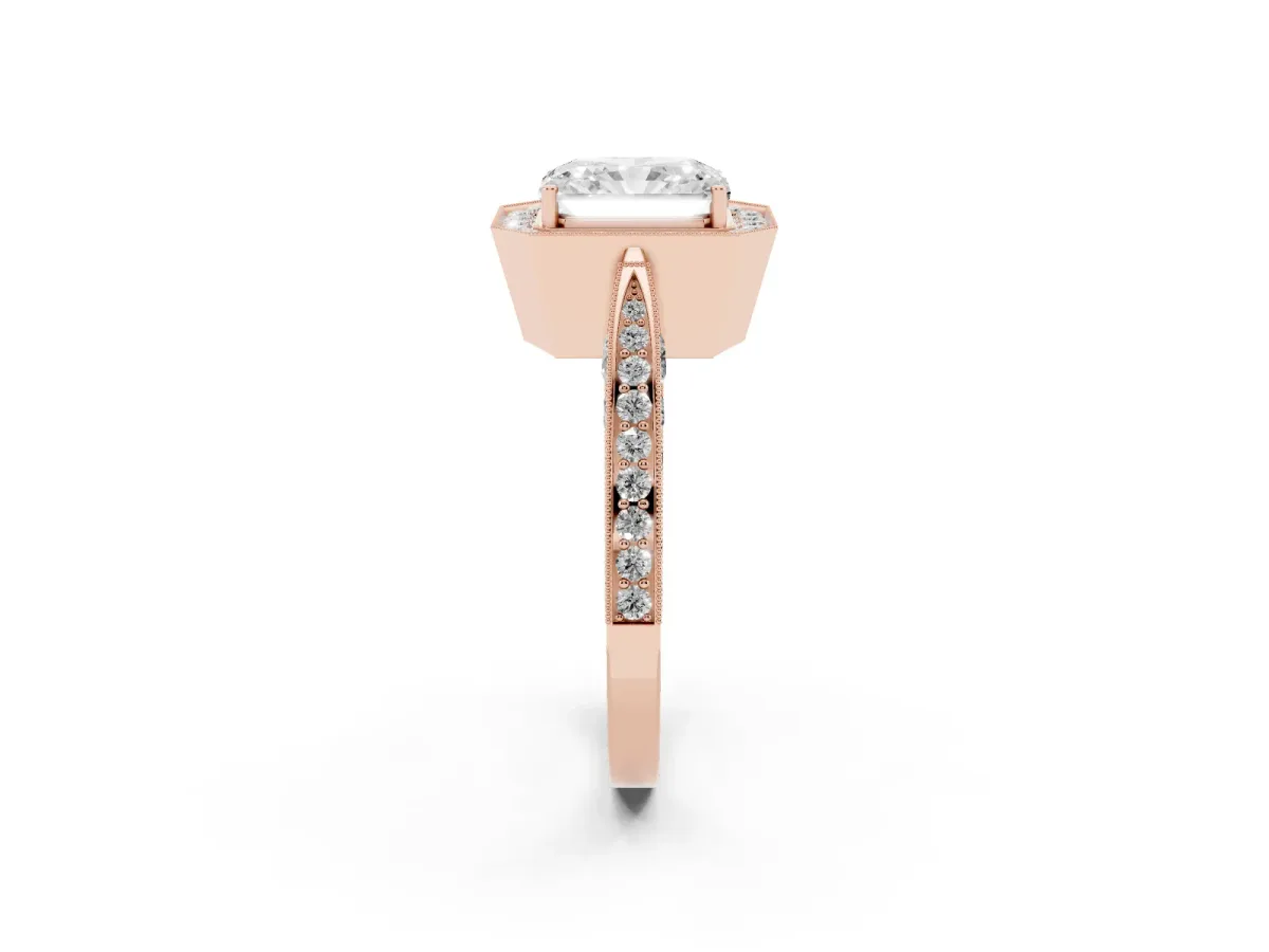 Radiant Cut Halo Diamond Engagement Ring with Split Shank Band and Four-Prong Setting Rose gold
