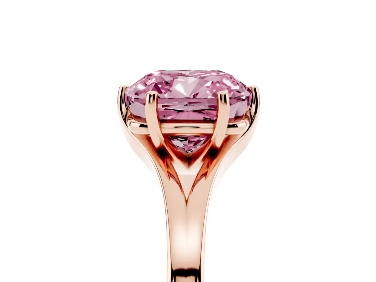 Fancy Pink Cushion Cut Solitaire Diamond Ring with Six-Prong Setting and Tapered Band Rose gold