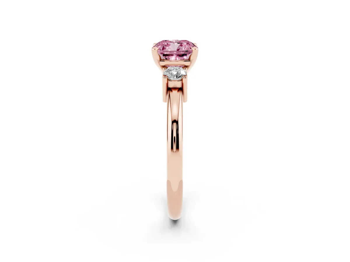 Fancy Pink Three-Stone Cushion Cut Cut Diamond Solitaire with Prong Setting and Classic Band Rose gold