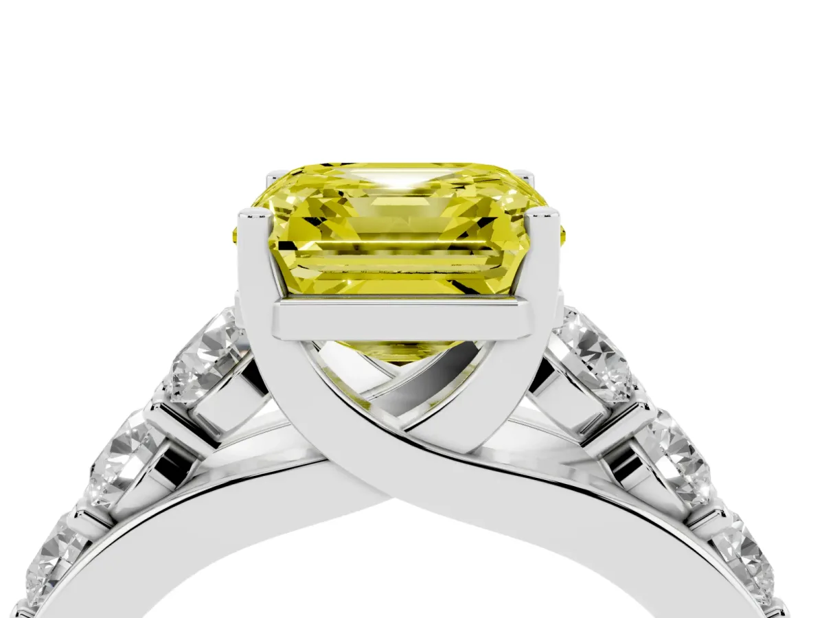 Fancy Yellow Asscher Cut Diamond Engagement Ring with Pavé Band and Four-Prong Setting Silver