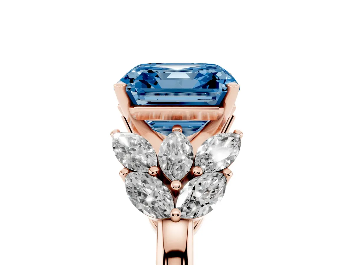 Fancy Blue Asscher Cut Diamond Cluster Leaf Design Ring with Prong Setting Rose gold