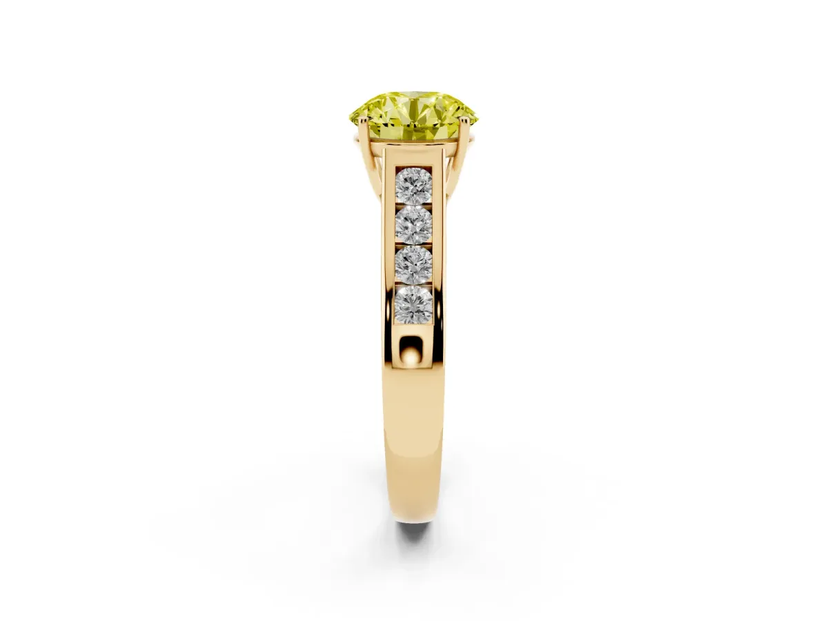 Fancy Yellow Round Cut Brilliant Channel-Set Solitaire Ring with Four-Prong Setting Yellow gold