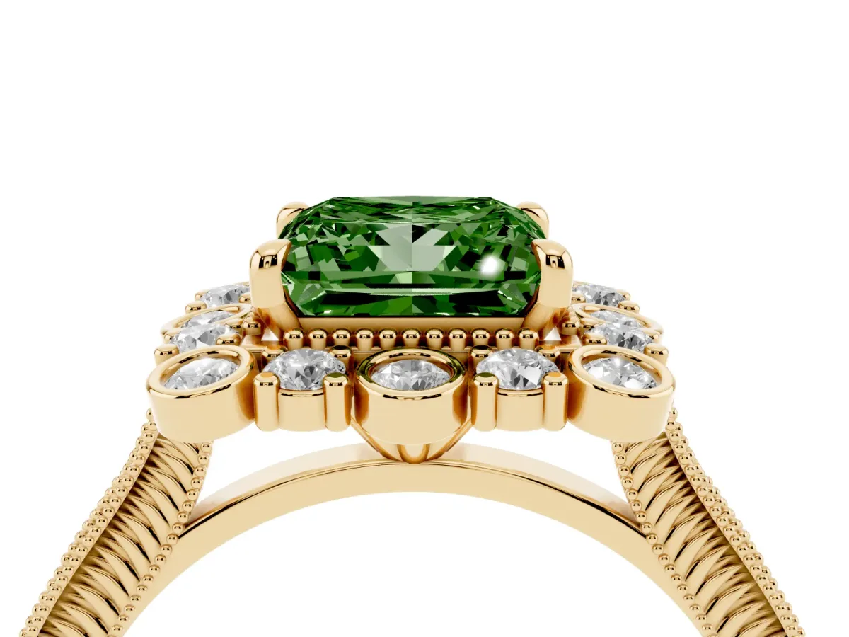 Fancy Green Princess Cut Halo Milgrain Pave Diamond Ring with Four-Prong Setting Yellow gold
