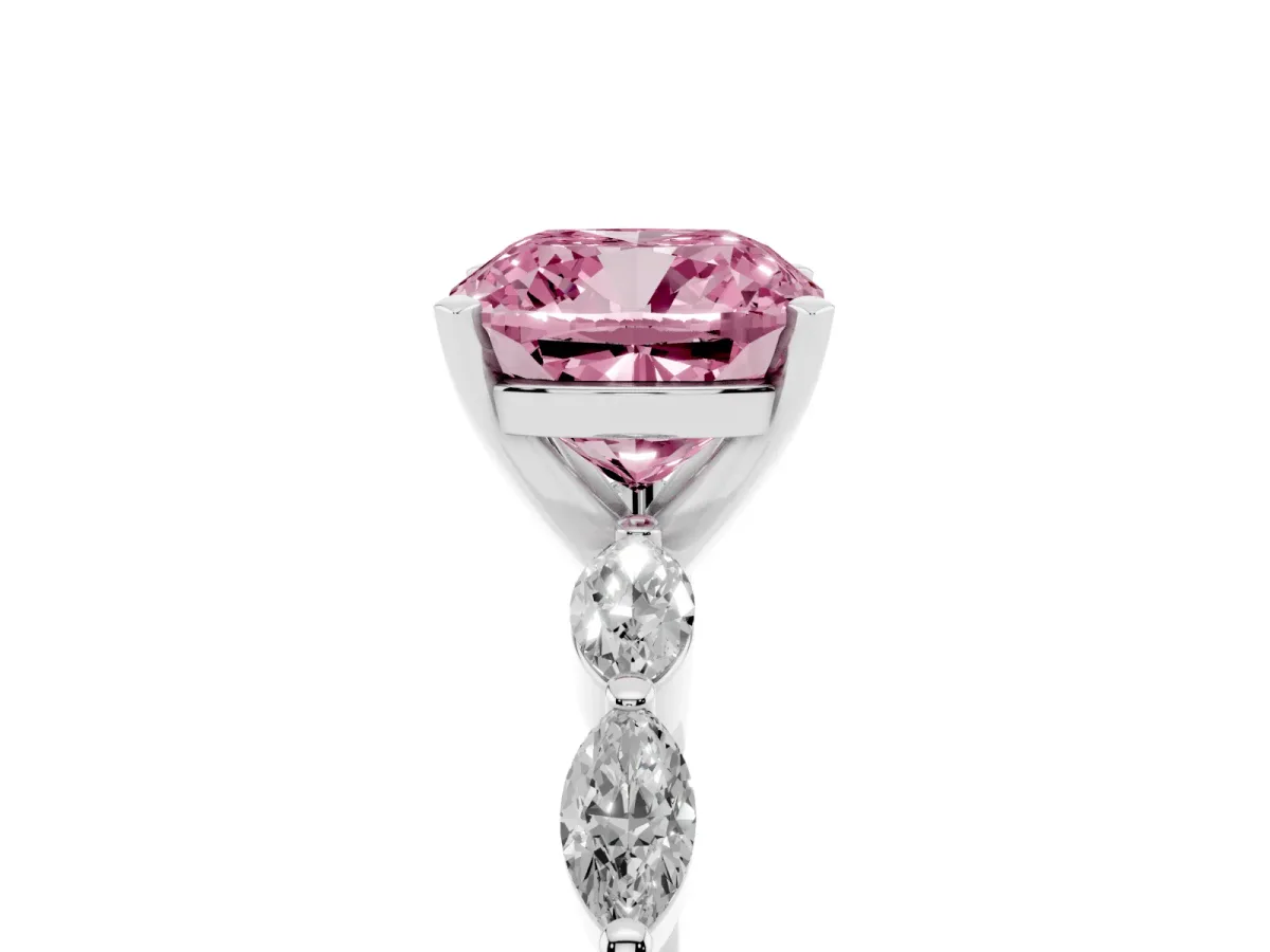 Fancy Pink Cushion Cut Diamond Ring with Marquise Side Stones and Prong Setting White gold