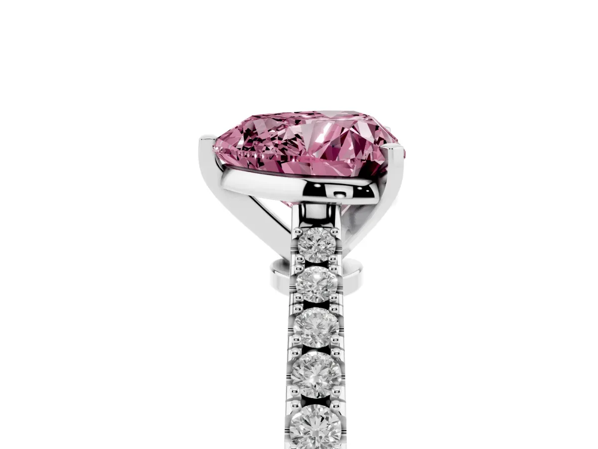 Fancy Pink Heart Cut Cut Solitaire Diamond Engagement Ring with Pave Band and Four-Prong Setting Platinum