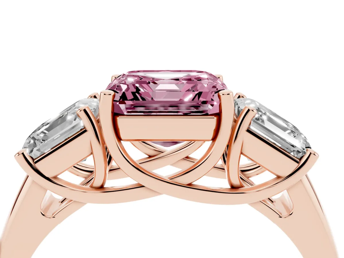 Fancy Pink Three-Stone Asscher Cut Diamond Engagement Ring with Prong Setting Rose gold