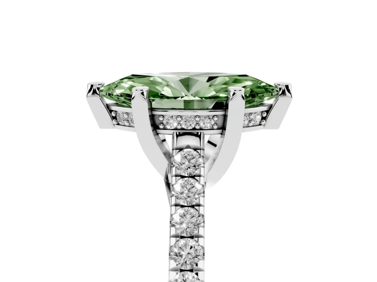 Fancy Green Marquise Cut Brilliant Diamond Solitaire with Pavé Band and Four-Prong Setting Silver