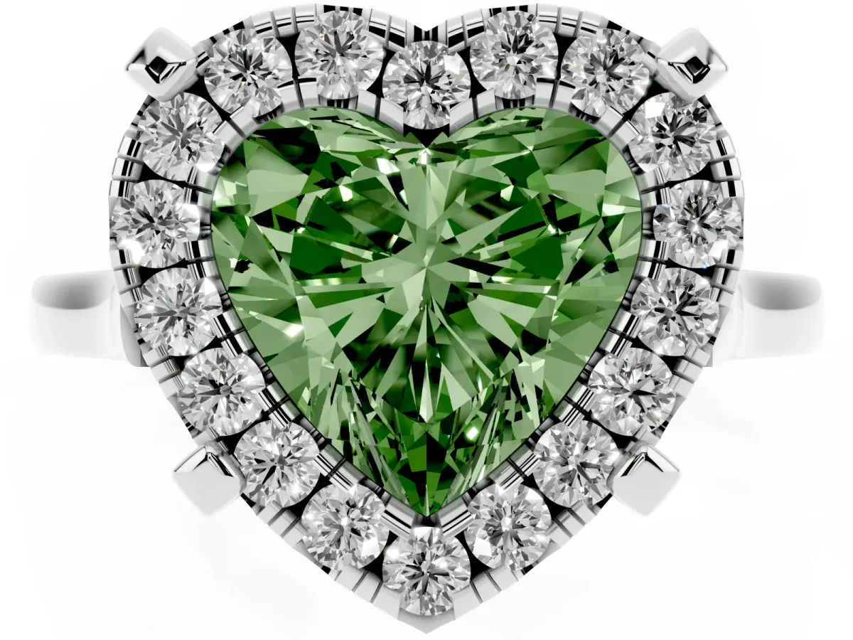 Fancy Green Heart Cut Diamond Cluster Halo Solitaire with Four-Prong Setting Silver